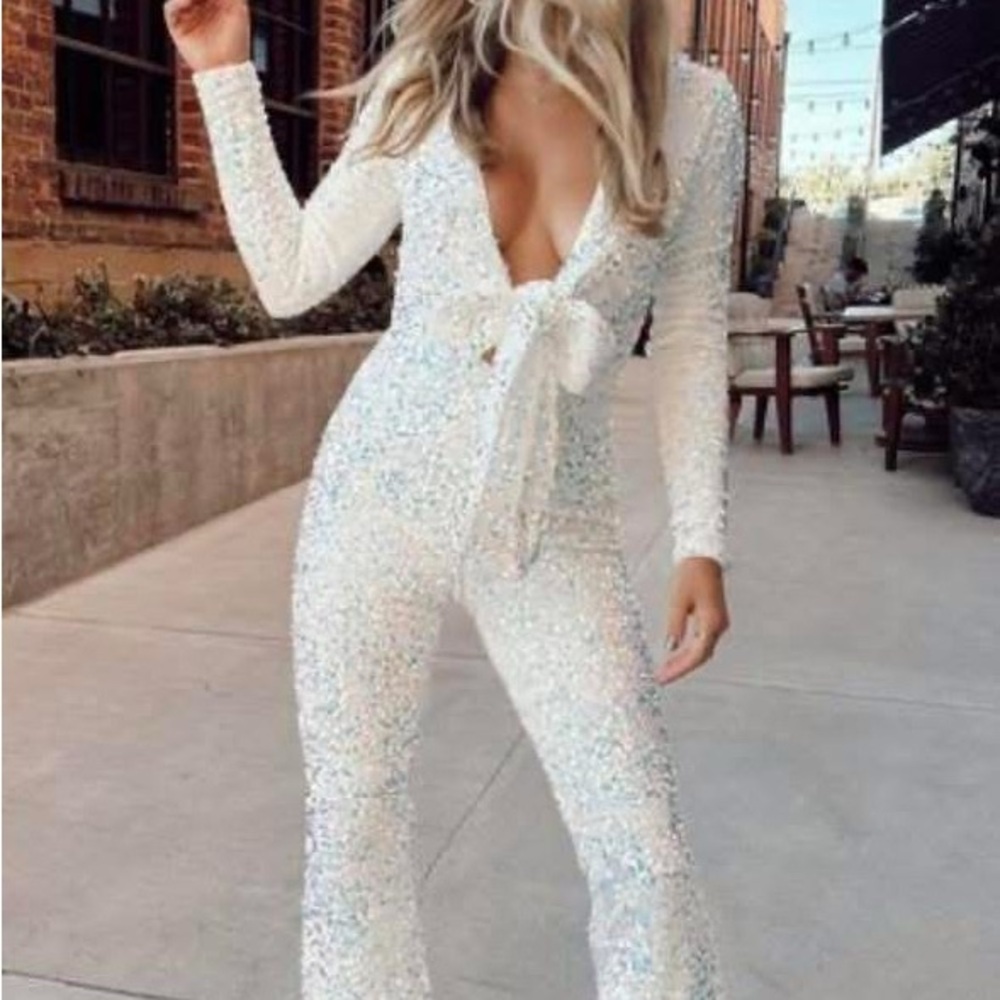 Elegant White Sequin show me your mumu Jumpsuit